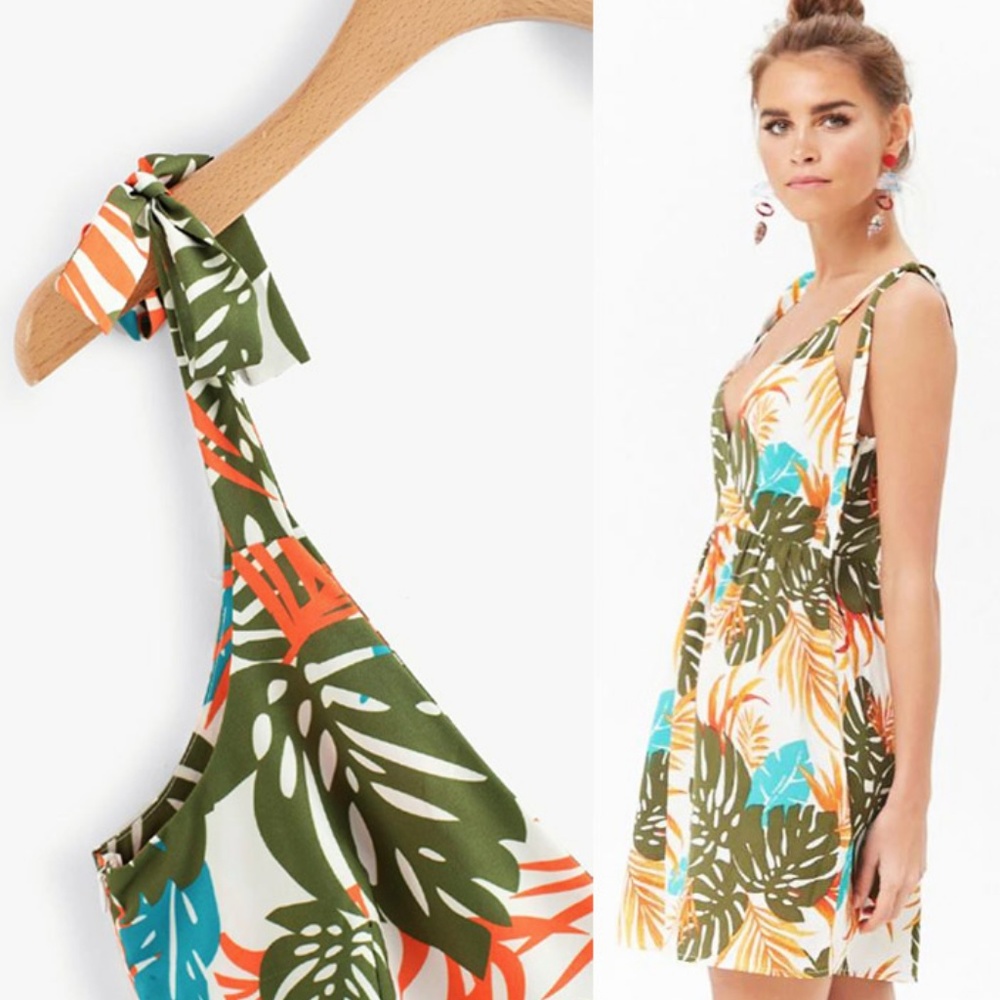 NEW Tropical Palm Foliage Leaf Print Surplice Tie Shoulder Dress - Picture 2 of 8
